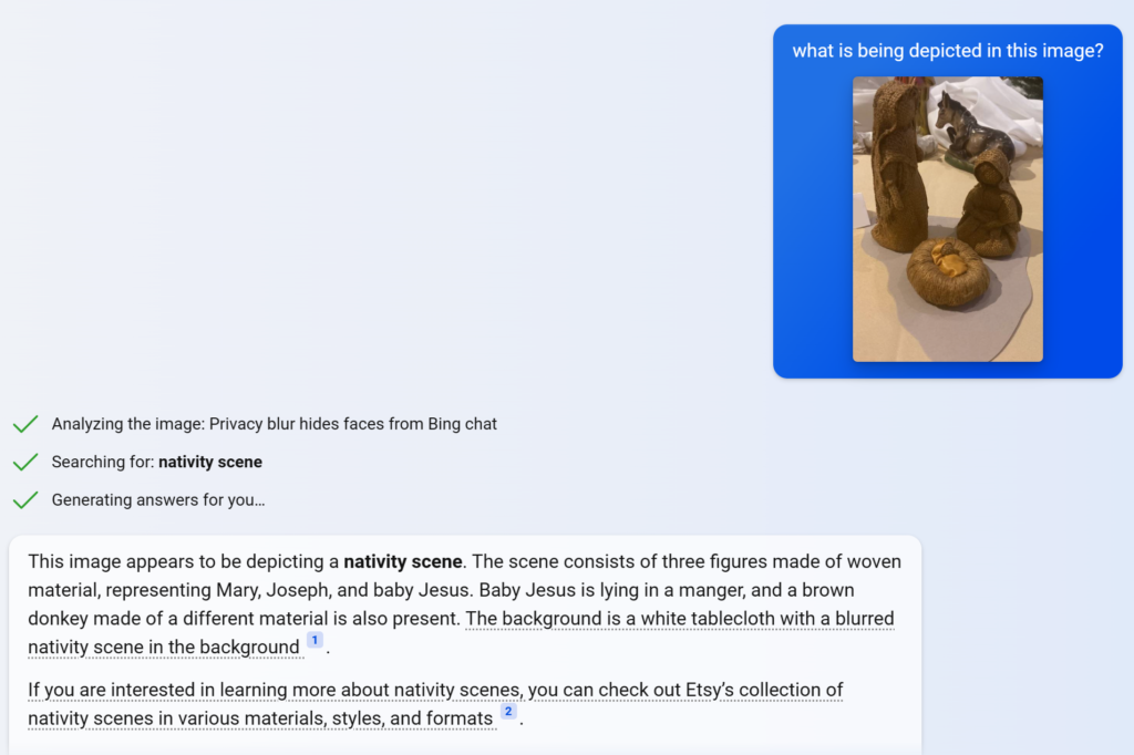 An image of the first image on the page uploaded to Bing AI Chat where the question about what is being depicted is being asked. Bing's reply correctly guesses that it's a nativity scene. 