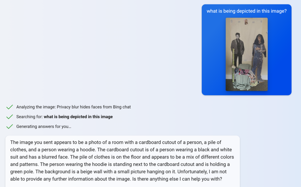 An image of the makeshift nativity scene uploaded to Bing AI Chat where the question about what is being depicted in the image is being asked. Bing does not recognize it as a nativity scene.