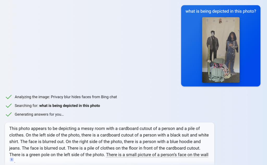 An image of the makeshift nativity scene uploaded to Bing AI Chat where the question about what is being depicted in this photo is being asked. Bing does not recognize it as a nativity scene.