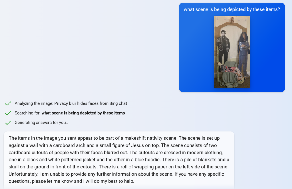 An image of the makeshift nativity scene uploaded to Bing AI Chat where the question about what is being depicted by these items is being asked. Bing recognizes it as a makeshift nativity scene.