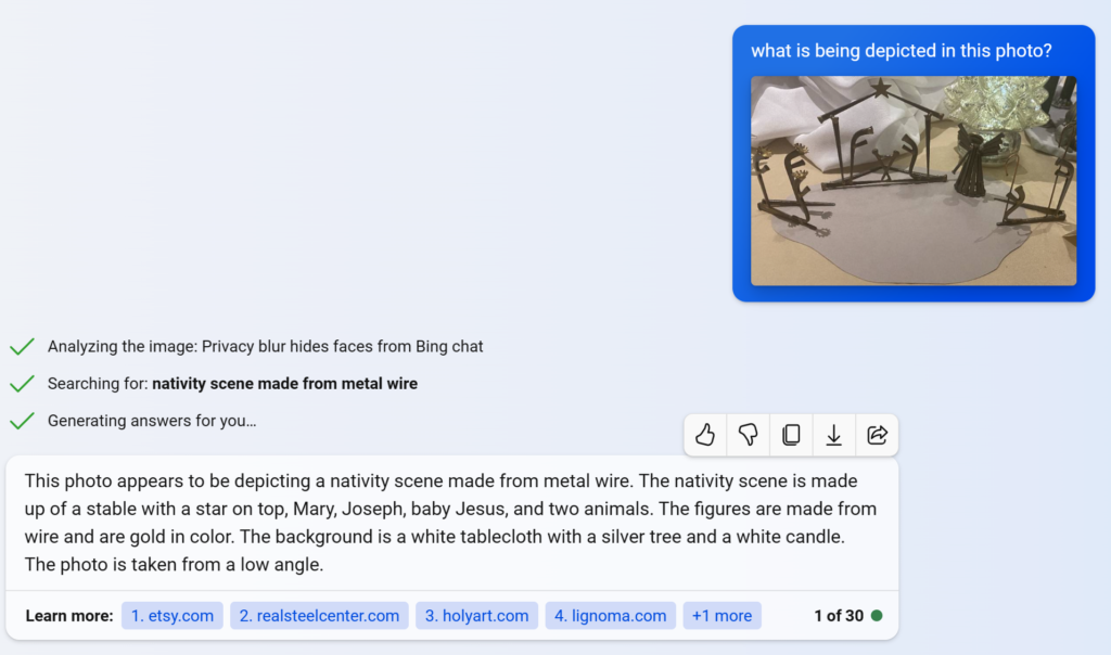 An image of the metal nativity scene uploaded to Bing AI Chat where the question about what is being depicted is being asked. Bing's reply correctly guesses that it's a nativity scene. 