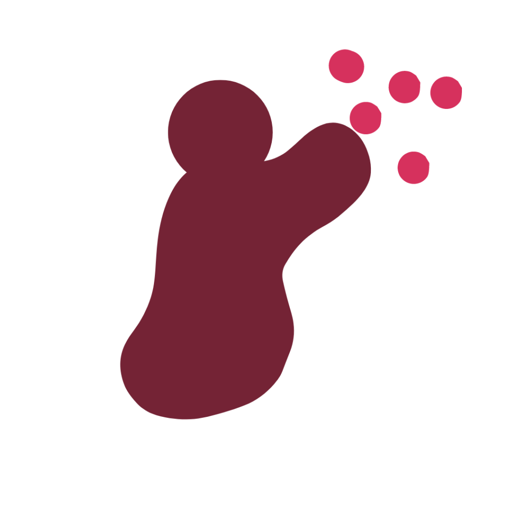 Purple human like figure with hand reaching out for pink dots. 