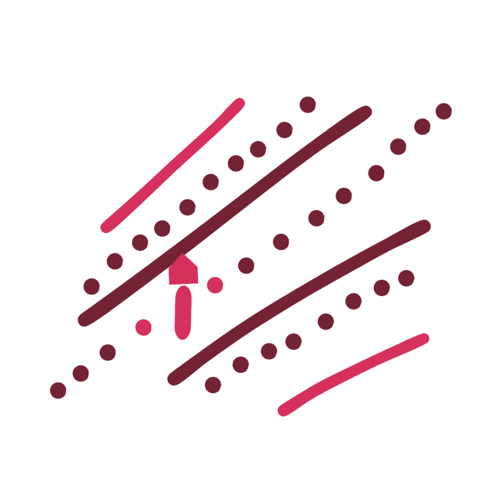 Solid purple and pink lines with dotted purple lines between them. Small pink figure made up of a pink pentagon and two pink dots.